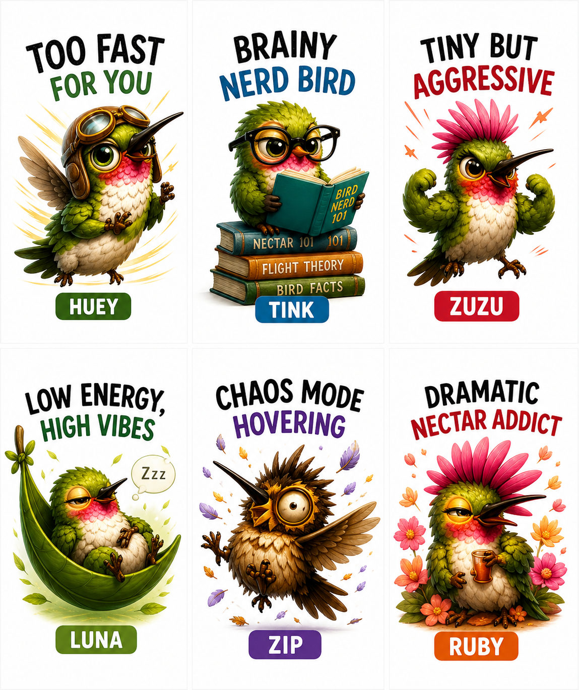 Meet all six hummingbird characters